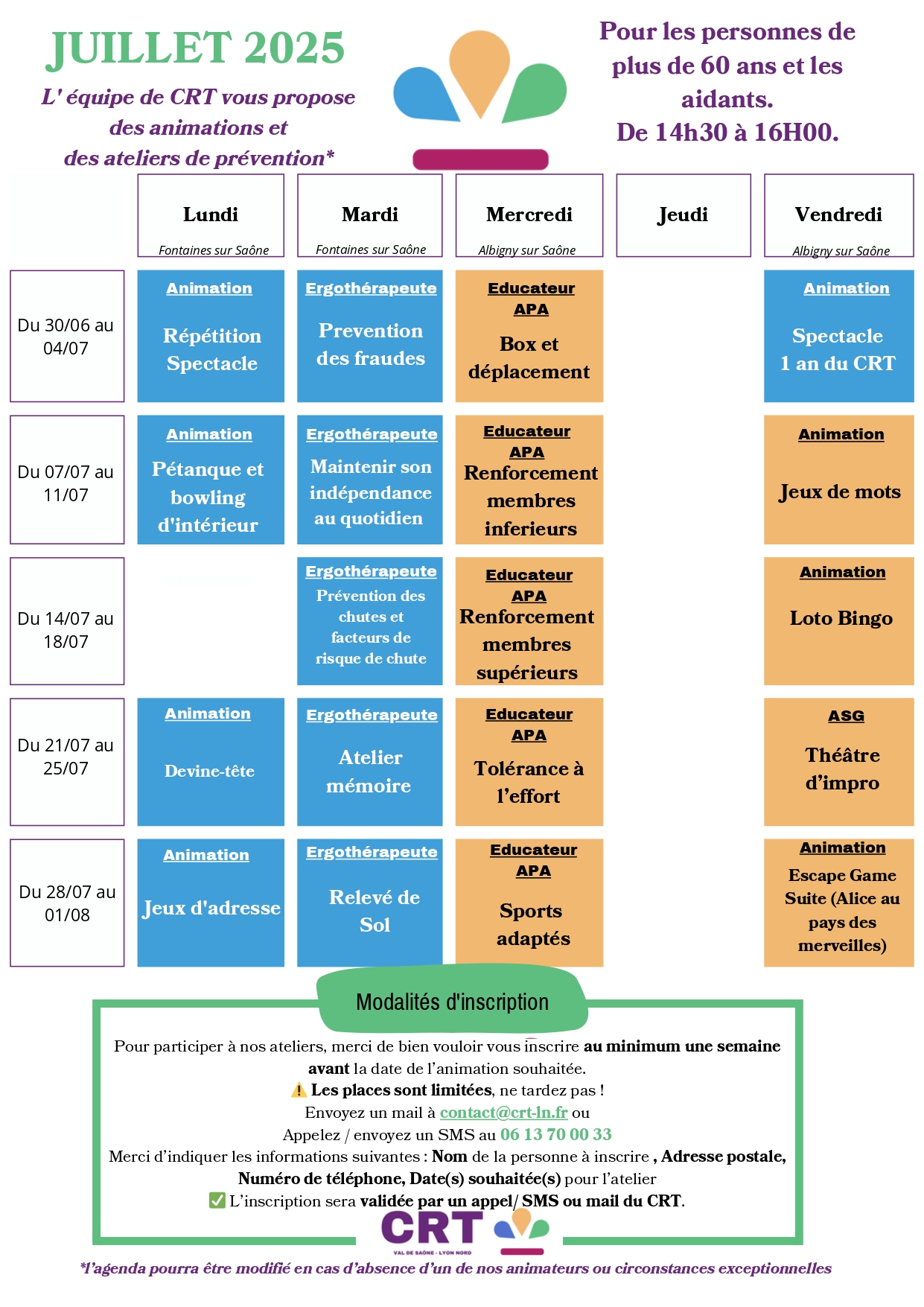 planning de juillet des ateliers du CRT